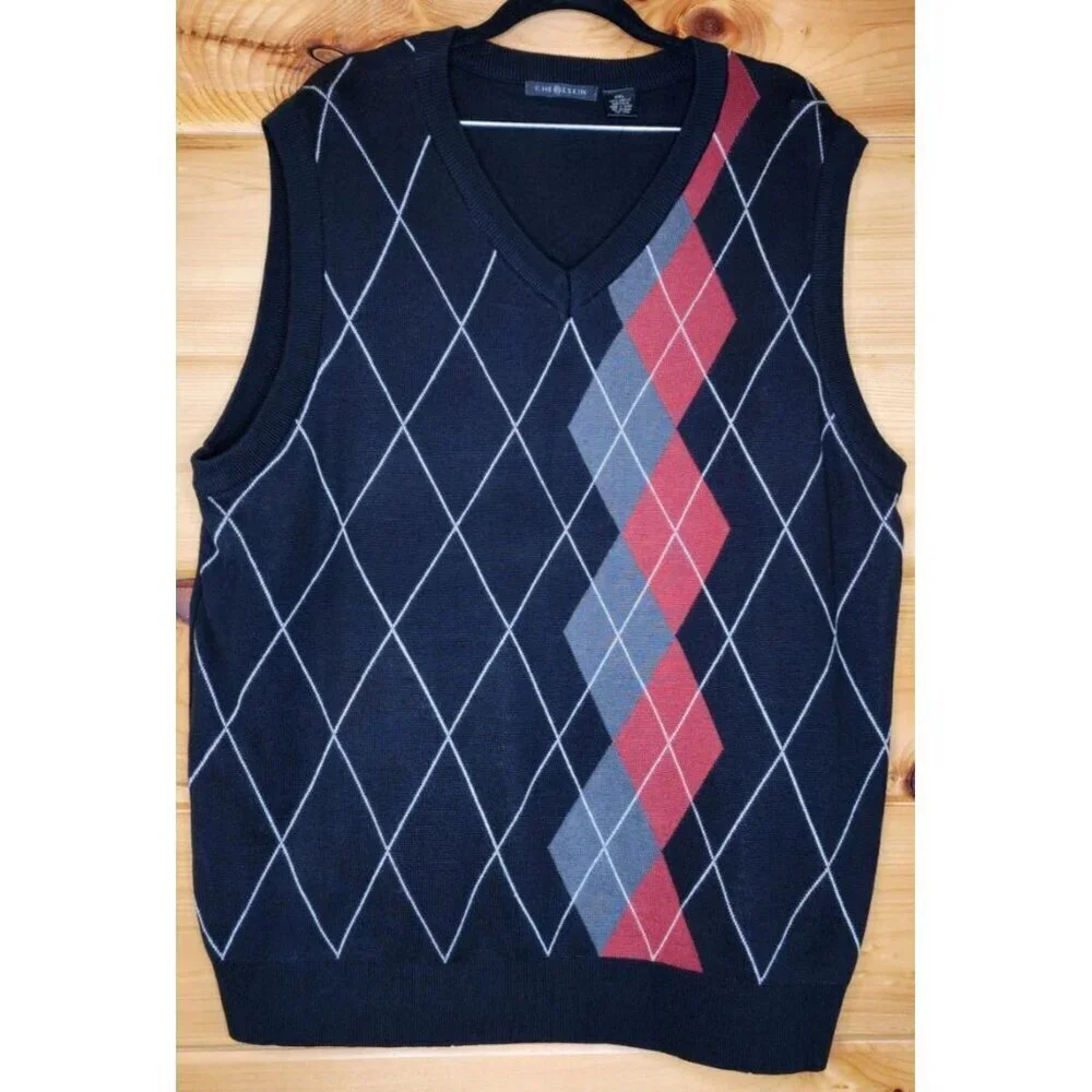 Chereskin Mens Size XXL Sweater Vest Dusty Red Gray Black Argyle 100% Acrylic